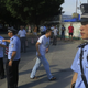 Police officers stand guard outside the court house, blocking roads to the Guangzhou People?s Court in the southern Chinese city of Guangzhou